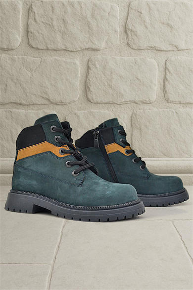 Rakerplus Hakiki Deri Koyu Yeşil Taba Bağcıklı Fermuarlı Kışlık Çocuk Bot