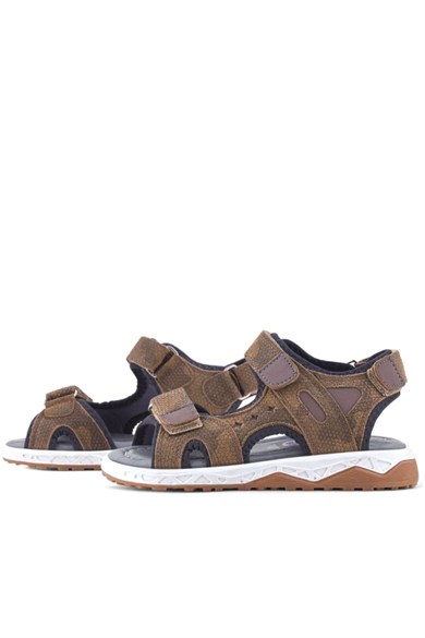 Rakerplus Hakiki Deri Kum Kahve Kamuflaj Desenli Cırt Cırtlı Çocuk Sandalet