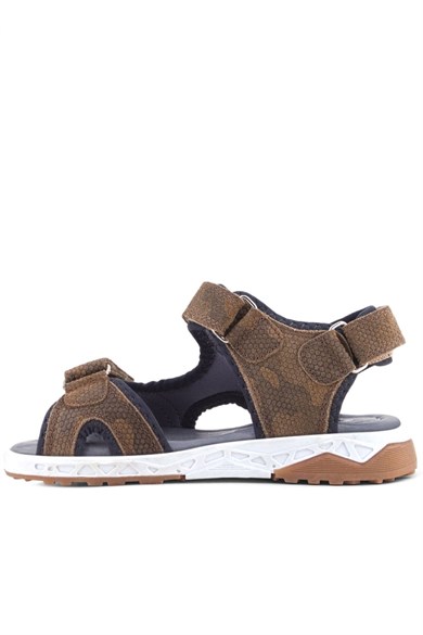 Rakerplus Hakiki Deri Kum Kahve Kamuflaj Desenli Cırt Cırtlı Çocuk Sandalet