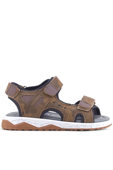 Rakerplus Hakiki Deri Kum Kahve Kamuflaj Desenli Cırt Cırtlı Çocuk Sandalet