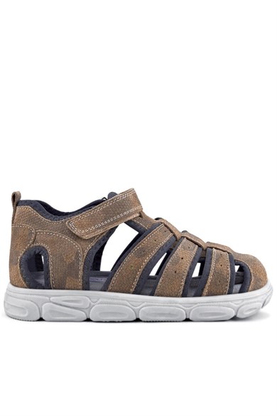 Rakerplus Hakiki Deri Kum Rengi Desenli Cırt Cırtlı Erkek Çocuk Sandalet
