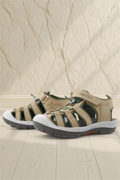 Rakerplus Hakiki Deri Kum Rengi Haki Yeşil Çocuk Sandalet