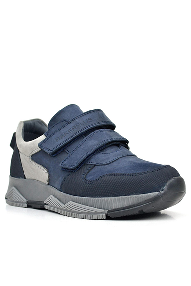 Rakerplus Hakiki Deri Lacivert Cırtlı Gri Tabanlı Çocuk Sneakers Spor Ayakkabı