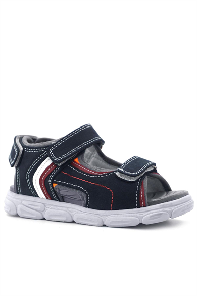 Rakerplus Hakiki Deri Lacivert Kırmızı Cırt Cırtlı Çocuk Sandalet