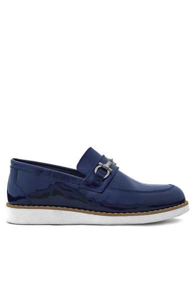 Rakerplus Hakiki Deri Lacivert Rugan Beyaz Tabanlı Loafer Çocuk Klasik Ayakkabı