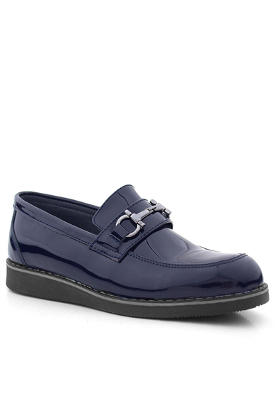 Rakerplus Hakiki Deri Lacivert Rugan Tokalı Loafer Çocuk Klasik Ayakkabı