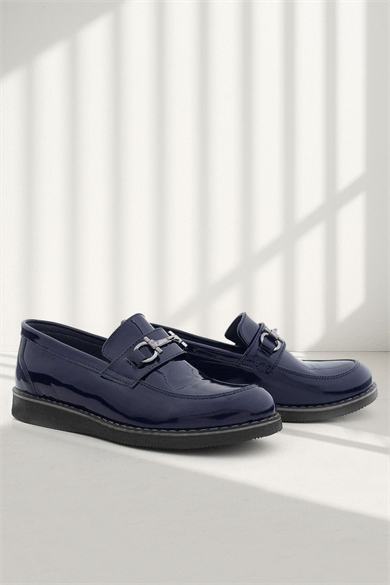Rakerplus Hakiki Deri Lacivert Rugan Tokalı Loafer Çocuk Klasik Ayakkabı