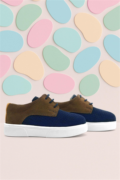 Rakerplus Hakiki Deri Lacivert Sarı Kahve Lastikli Erkek Çocuk Günlük Ayakkabı