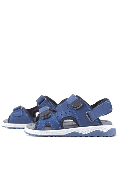 Rakerplus Hakiki Deri Mavi Rahat Tabanlı Cırtlı Çocuk Sandalet Ayakkabı
