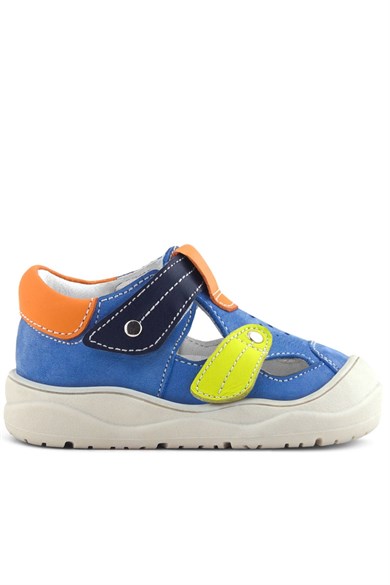 Rakerplus Hakiki Deri Mavi Turuncu Cırt Cırtlı Bebek Sandalet