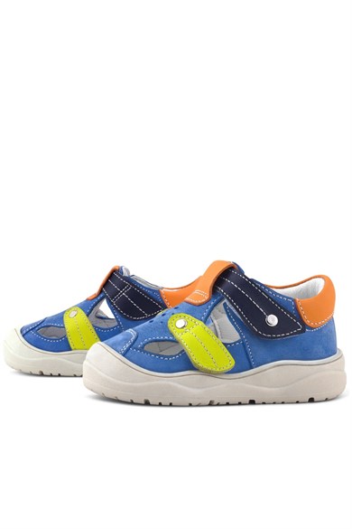 Rakerplus Hakiki Deri Mavi Turuncu Cırt Cırtlı Bebek Sandalet
