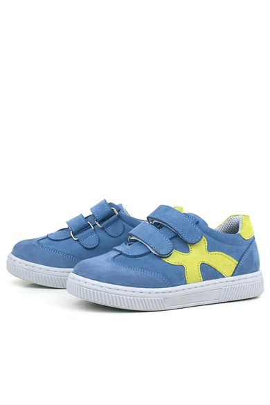 Rakerplus Hakiki Deri Mavi Yeşil Cırtlı Çocuk Spor Ayakkabı