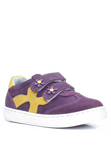 Rakerplus Hakiki Deri Mor Sarı Cırtlı Çiçek Detaylı Kız Çocuk Günlük Ayakkabı