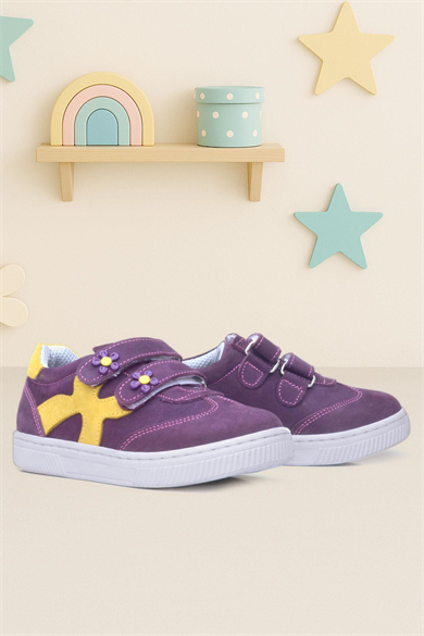 Rakerplus Hakiki Deri Mor Sarı Cırtlı Çiçek Detaylı Kız Çocuk Günlük Ayakkabı