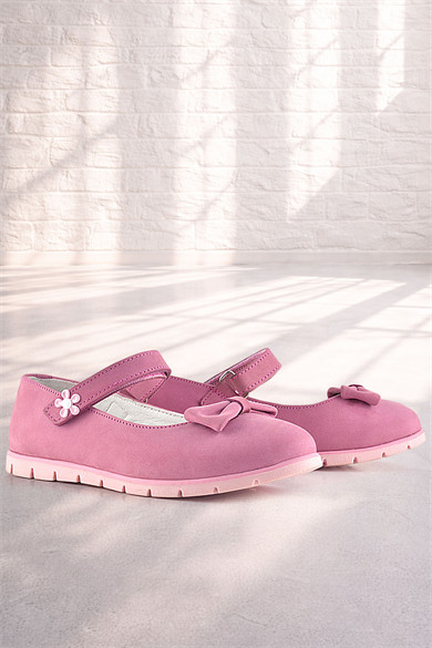 Rakerplus Hakiki Deri Pembe Fiyonklu Çiçek Detaylı Cırtlı Kız Çocuk Babet