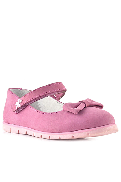 Rakerplus Hakiki Deri Pembe Fiyonklu Çiçek Detaylı Cırtlı Kız Çocuk Babet