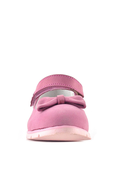 Rakerplus Hakiki Deri Pembe Fiyonklu Çiçek Detaylı Cırtlı Kız Çocuk Babet