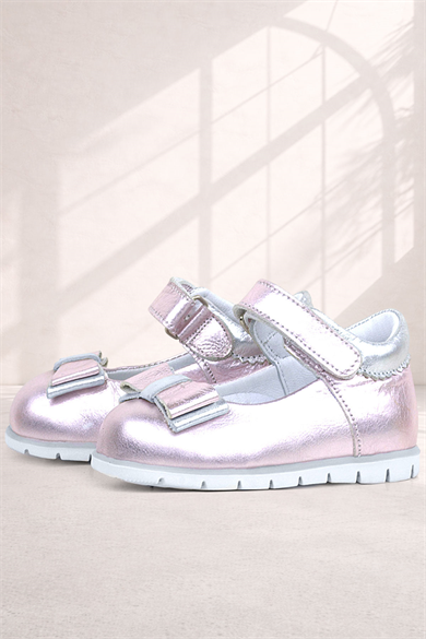 Rakerplus Hakiki Deri Pembe Gümüş Kız Bebek Babet Ayakkabı