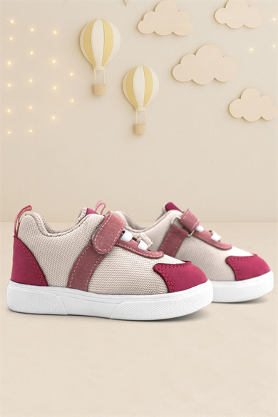 Rakerplus Hakiki Deri Pembe Krem Cırtlı Kız Bebek Ayakkabı