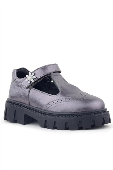 Rakerplus Hakiki Deri Platin Çiçek Detaylı Cırtlı Kız Çocuk Okul Ayakkabı