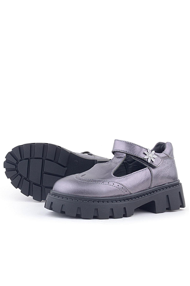 Rakerplus Hakiki Deri Platin Çiçek Detaylı Cırtlı Kız Çocuk Okul Ayakkabı