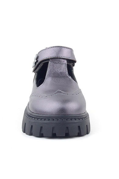 Rakerplus Hakiki Deri Platin Çiçek Detaylı Cırtlı Kız Çocuk Okul Ayakkabı