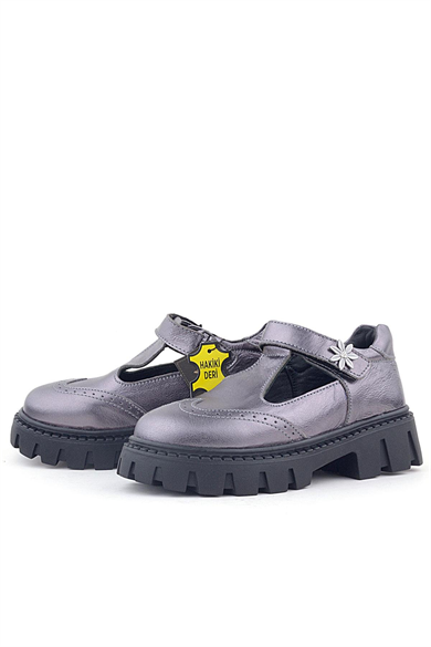 Rakerplus Hakiki Deri Platin Çiçek Detaylı Cırtlı Kız Çocuk Okul Ayakkabı