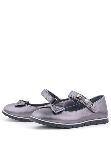 Rakerplus Hakiki Deri Platin Cırtlı Metal Detaylı Kız Çocuk Babet Ayakkabı