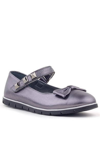 Rakerplus Hakiki Deri Platin Cırtlı Metal Detaylı Kız Çocuk Babet Ayakkabı