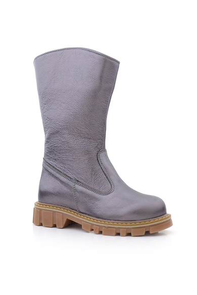 Rakerplus Hakiki Deri Platin Fermuarlı Uzun Kız Çocuk Çizme