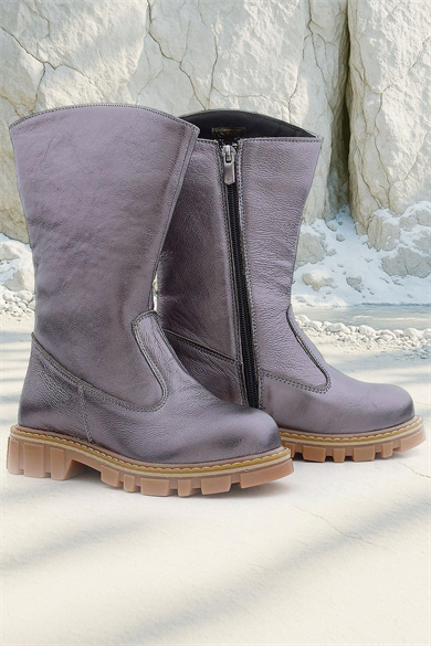 Rakerplus Hakiki Deri Platin Fermuarlı Uzun Kız Çocuk Çizme