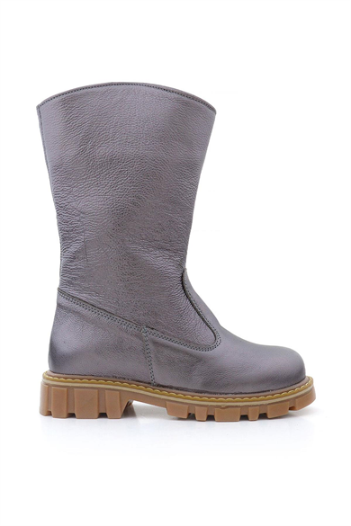 Rakerplus Hakiki Deri Platin Fermuarlı Uzun Kız Çocuk Çizme