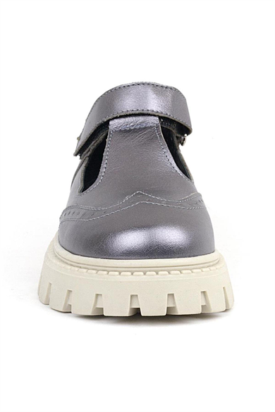 Rakerplus Hakiki Deri Platin Krem Tabanlı Cırtlı Kız Çocuk Okul Ayakkabı