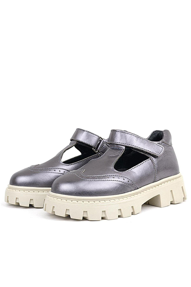 Rakerplus Hakiki Deri Platin Krem Tabanlı Cırtlı Kız Çocuk Okul Ayakkabı