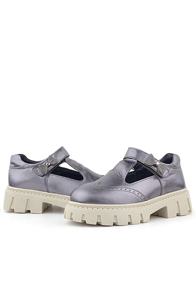 Rakerplus Hakiki Deri Platin Krem Tabanlı Cırtlı Kurdeleli Kız Çocuk Okul Ayakkabı