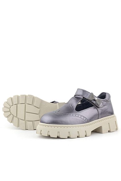 Rakerplus Hakiki Deri Platin Krem Tabanlı Cırtlı Kurdeleli Kız Çocuk Okul Ayakkabı