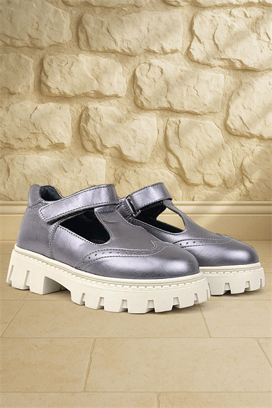 Rakerplus Hakiki Deri Platin Krem Tabanlı Cırtlı Kız Çocuk Okul Ayakkabı