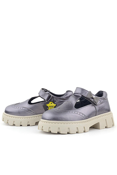 Rakerplus Hakiki Deri Platin Krem Tabanlı Cırtlı Kurdeleli Kız Çocuk Okul Ayakkabı