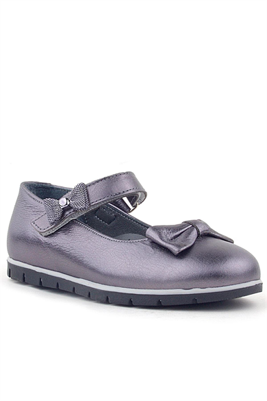 Rakerplus Hakiki Deri Platin Kurdele Detaylı Cırtlı Kız Çocuk Babet Ayakkabı