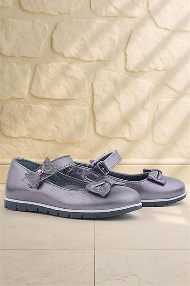 Rakerplus Hakiki Deri Platin Kurdele Detaylı Cırtlı Kız Çocuk Babet Ayakkabı