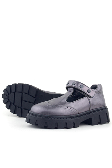 Rakerplus Hakiki Deri Platin Metal Detaylı Cırtlı Kız Çocuk Okul Ayakkabı