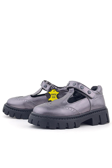 Rakerplus Hakiki Deri Platin Metal Detaylı Cırtlı Kız Çocuk Okul Ayakkabı
