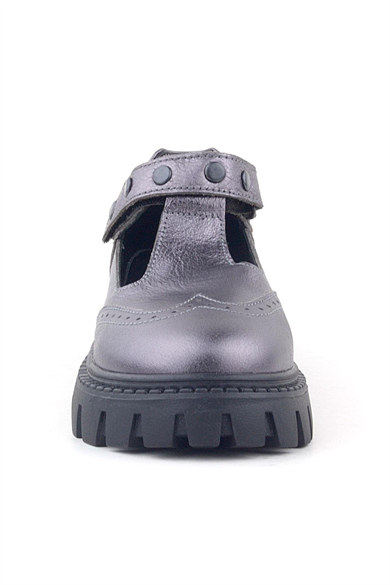 Rakerplus Hakiki Deri Platin Metal Detaylı Cırtlı Kız Çocuk Okul Ayakkabı