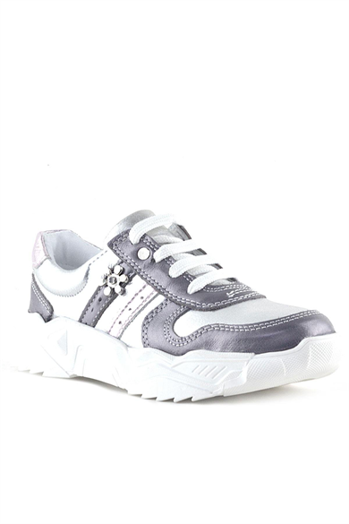 Rakerplus Hakiki Deri Platin Pembe Çiçek Metal Detaylı Kız Çocuk Spor Ayakkabı