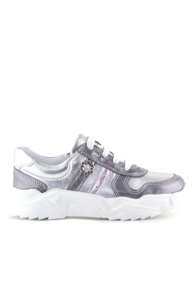 Rakerplus Hakiki Deri Platin Pembe Çiçek Metal Detaylı Kız Çocuk Spor Ayakkabı
