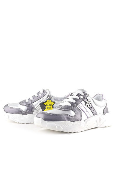 Rakerplus Hakiki Deri Platin Pembe Çiçek Metal Detaylı Kız Çocuk Spor Ayakkabı