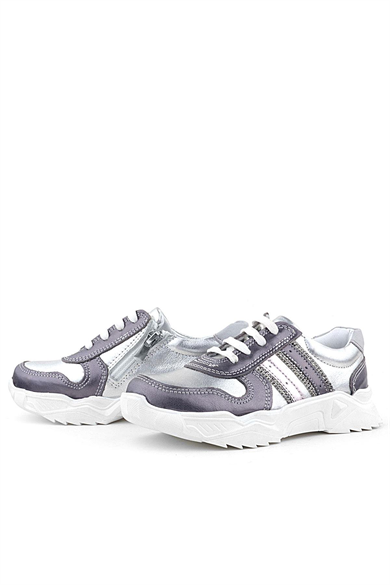 Rakerplus Hakiki Deri Platin Pembe Parlak Taşlı Kız Çocuk Sneakers Ayakkabı