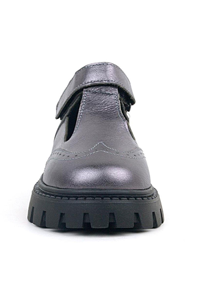 Rakerplus Hakiki Deri Platin Siyah Tabanlı Cırtlı Kız Çocuk Okul Ayakkabı