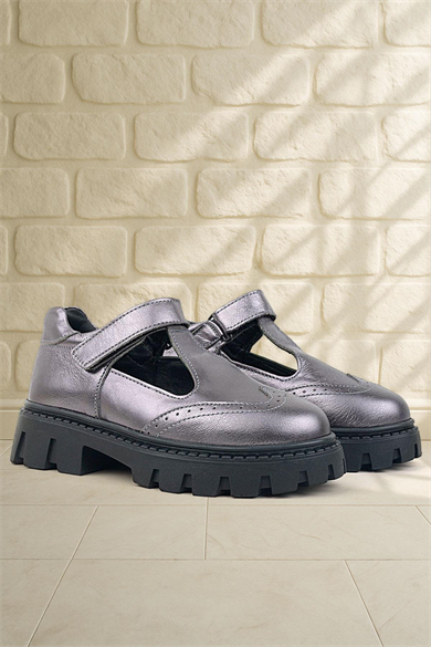 Rakerplus Hakiki Deri Platin Siyah Tabanlı Cırtlı Kız Çocuk Okul Ayakkabı