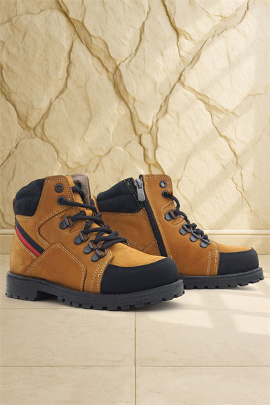 Rakerplus Hakiki Deri Sarı Bağcıklı Fermuarlı Çocuk Bot